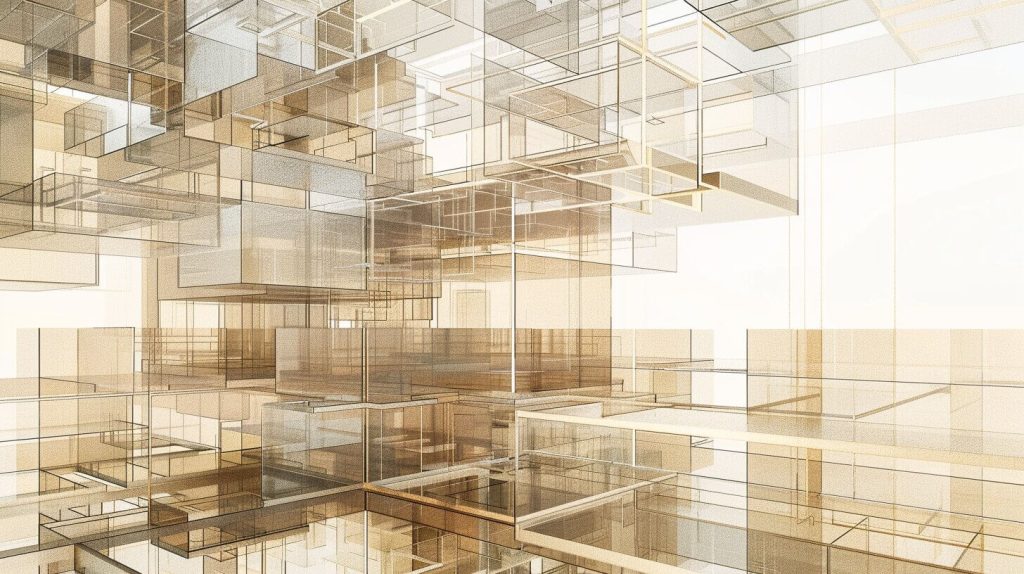 Layered geometric structures merging into one unified architectural framework representing philosophy as integrated knowledge.