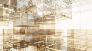 Layered geometric structures merging into one unified architectural framework representing philosophy as integrated knowledge.
