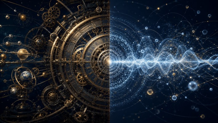 A serious conceptual image showing physical structures breaking open to reveal hidden mathematical and cosmic patterns beneath material reality.