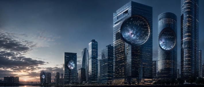 A cinematic city skyline with circular holes revealing a cosmic background of mathematics, geometry, and quantum patterns behind physical reality.