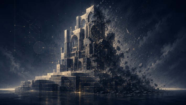 A structured architectural tower rising from ordered foundations while one side crumbles into fragments, symbolizing how weak definitions damage thought.