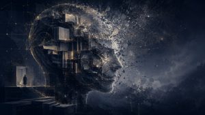 A fractured human mind made of books, geometric lines, and thought structures dissolving into fragments, symbolizing the breakdown of language and reasoning.