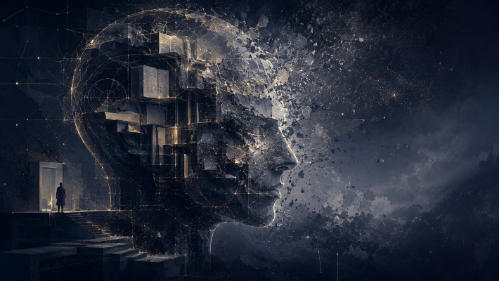 A fractured human mind made of books, geometric lines, and thought structures dissolving into fragments, symbolizing the breakdown of language and reasoning.