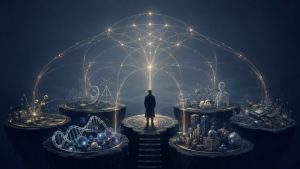 A philosopher-like figure stands among separate fields of knowledge connected by glowing lines, symbolizing the integration of specialized disciplines into a larger pattern.