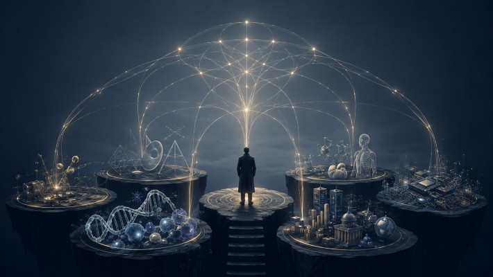 A philosopher-like figure stands among separate fields of knowledge connected by glowing lines, symbolizing the integration of specialized disciplines into a larger pattern.