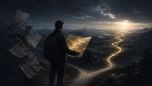 A traveler holding a glowing map that matches the road ahead, symbolizing how honesty gives a person truthful direction and control.