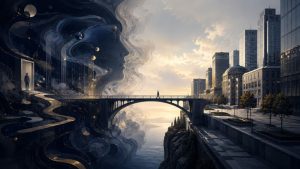 A bridge connecting a dreamlike private world to a structured city, symbolizing the move from personal truth to shared reality.