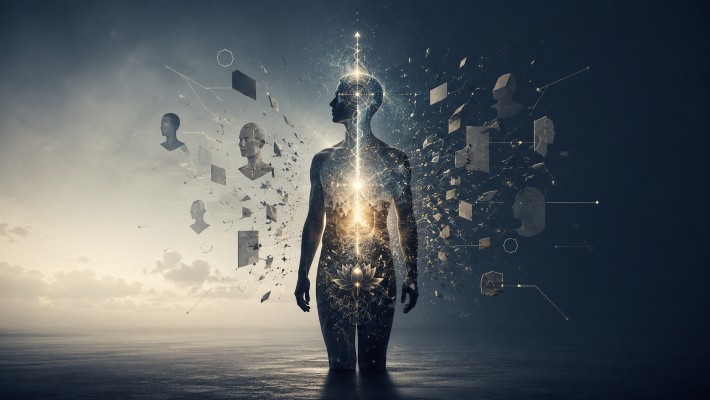 An abstract human figure surrounded by fading external labels and body outlines, with a luminous inner structure of light and geometry symbolizing deeper human identity.