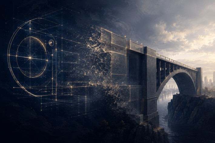 A glowing geometric idea becoming a solid bridge structure, showing how truth must be tested against reality.