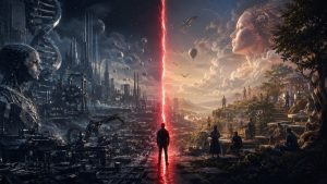 A modern society divided by a glowing red line, with a cold mechanical world on one side and a luminous human-centered world on the other.