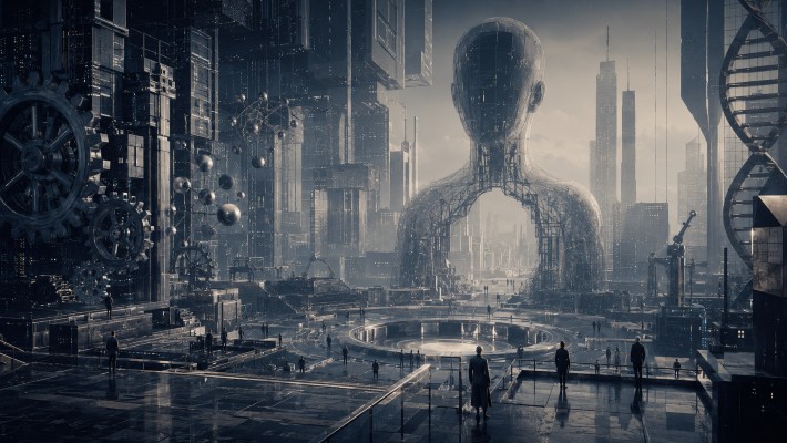 A cold futuristic city of machines and isolated human figures, symbolizing a material worldview that produces structure without meaning.