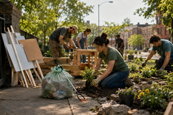 People work together in a neighborhood garden, planting, building, and cleaning up as a bag of collected trash and unused protest signs sit nearby.