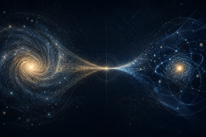 A spiral galaxy connected by a stream of light to an atomic structure, representing the link between the macro and micro worlds.