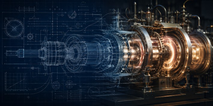 A technical blueprint transitioning into a functioning mechanical system, representing ideas proven through real-world results.