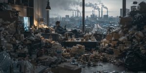 A man sits in a trash-filled apartment surrounded by packaging, food waste, and clutter, with smokestacks visible through the window.