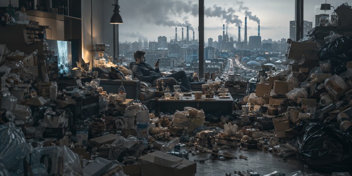 A man sits in a trash-filled apartment surrounded by packaging, food waste, and clutter, with smokestacks visible through the window.