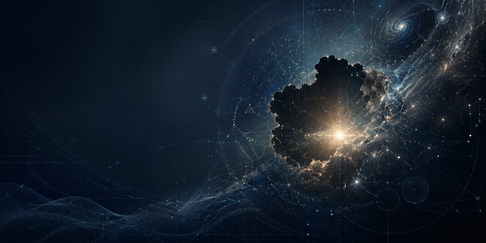 A dark scientific map of the universe with geometric diagrams and a missing central region beginning to glow with golden light.